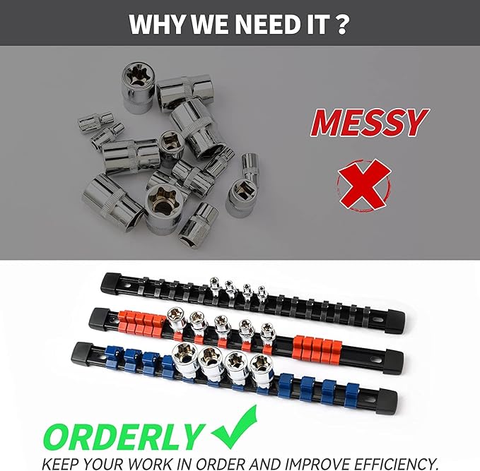 Socket Organizer Drive ABS Tools - Black Socket Holder, Premium Quality 30 Pieces Socket Holders Kit 1/4-Inch x 160 Clips, 3/8-Inch x 150 Clips, 1/2-Inch x 120 Clips（30PC,Black)
