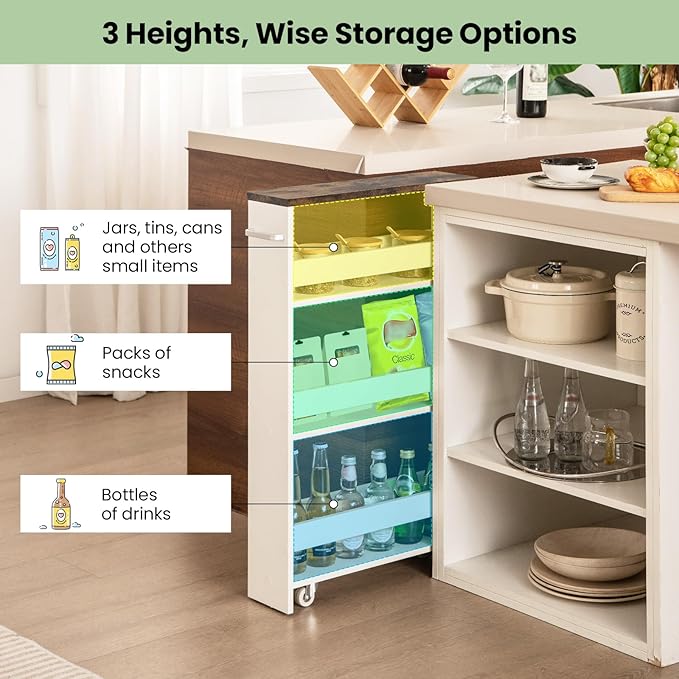 Small Kitchen Cart, 4-Tier Slim Rolling Island w/Handle, Laundry Room Storage Organizers Between Washer and Dryer, Narrow Spice Rack on Wheels Next to Fridge (White & Rustic Brown, 5'')