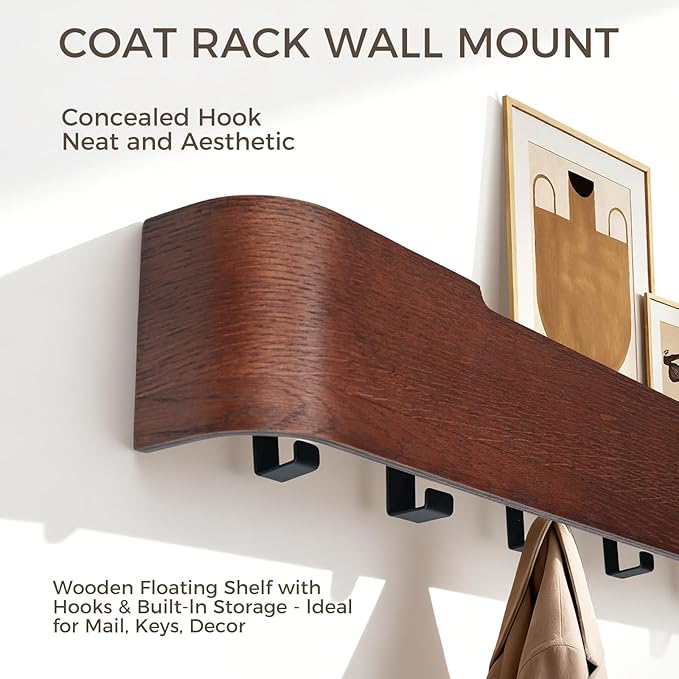 Wall Coat Rack Floating Shelves Modern Coat Rack Wall Mount with Storage Entryway Shelf Wooden Hanger 20 Inch 4 Hidden Metal Hooks for Living Room Bedroom (Walnut Color, 4 Hooks)