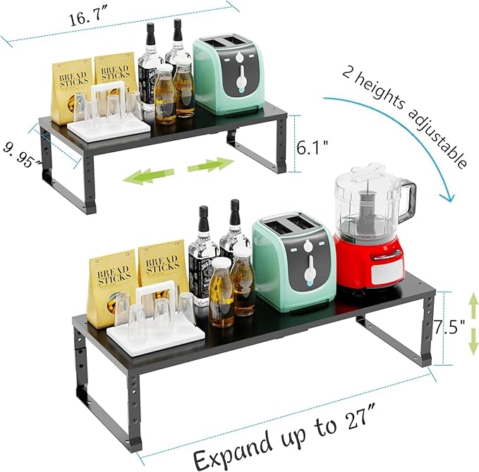 Expandable Cabinet Shelf Organizer Storage Spice Rack Shelves for Kitchen Stackable Adjustable Pantry Cupboard Bathroom Countertop Desktop(2Packs/Black/Large)