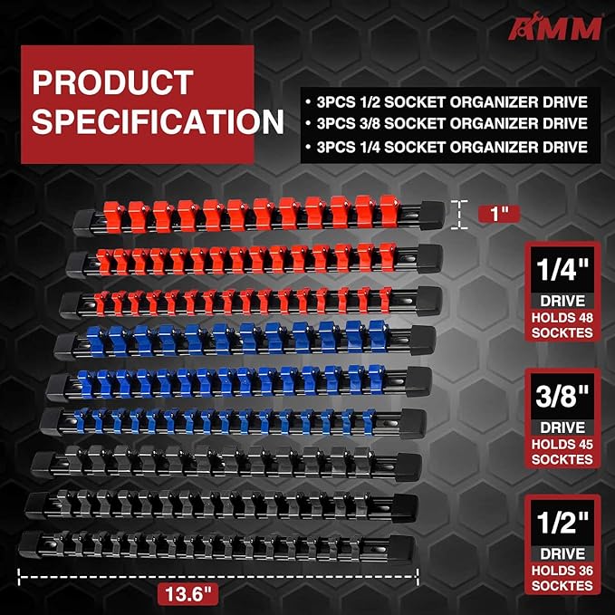 AMM 9-Piece Socket Organizer, 1/2 inch, 3/8 inch and 1/4 inch Drive ABS Tools-Socket Holder,Heavy Duty Socket Racks, Premium Quality Socket Clip Rail Holder,The best tool trays in the garage