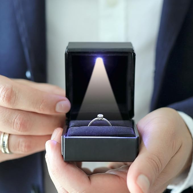 Novel Box Square Shaped Black Ring Box With LED Light 2.25X2X2.5 Inches - Jewelry Ring Case Best for Jewelry Displays - Gift Boxes for Mother's Day, Engagement, Anniversary & more Happy Occasions