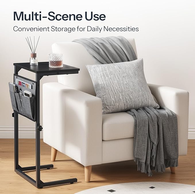 HOOBRO C Shaped End Table, 29.5’’ Adjustable Height Side Table with Storage Pockets, Couch Table Slide Under for Sofa, Small Space, for Living Room, Bedroom, Black BB77SF01