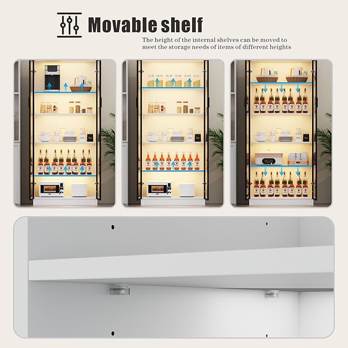Display Cabinet with Doors and Adjustable Shelves, 65" Tall Bookcase with LED Lights/Human Sensor, 5 Tier Display Case for Collectibles Bedroom Living Room Office, White