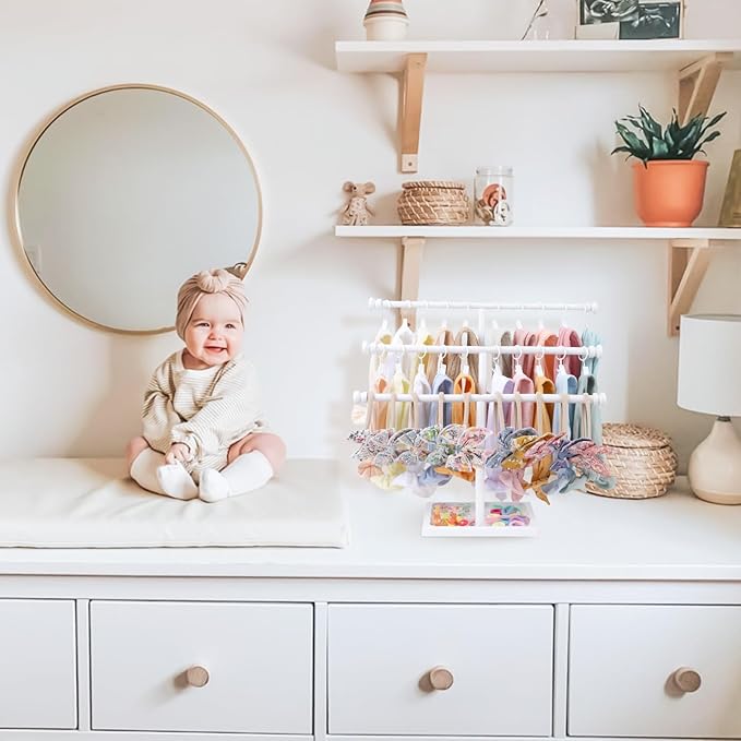 POVETIRE Headband Holder Stand Storage for Baby, 3 Tier Wooden Bow Organizer for Girls Hair Bows, Infant Hair Accessories Rack Display for Nursery Decor
