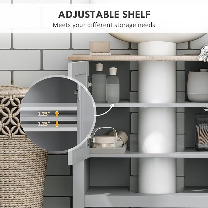 Kleankin Pedestal Sink Storage Cabinet, Under Sink Bathroom Vanity with Adjustable Shelf and Open Bottom Shelf, Gray