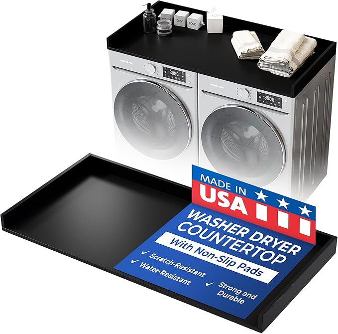 OfficeSimpli Washer Dryer Countertop, Made in USA, Non-Slip Pads, Laundry Room Wood Topper, Washer Dryer Cover for Top, Laundry Guard, Laundry Countertop, Laminate (Black, Standard (27.5" x 54"))