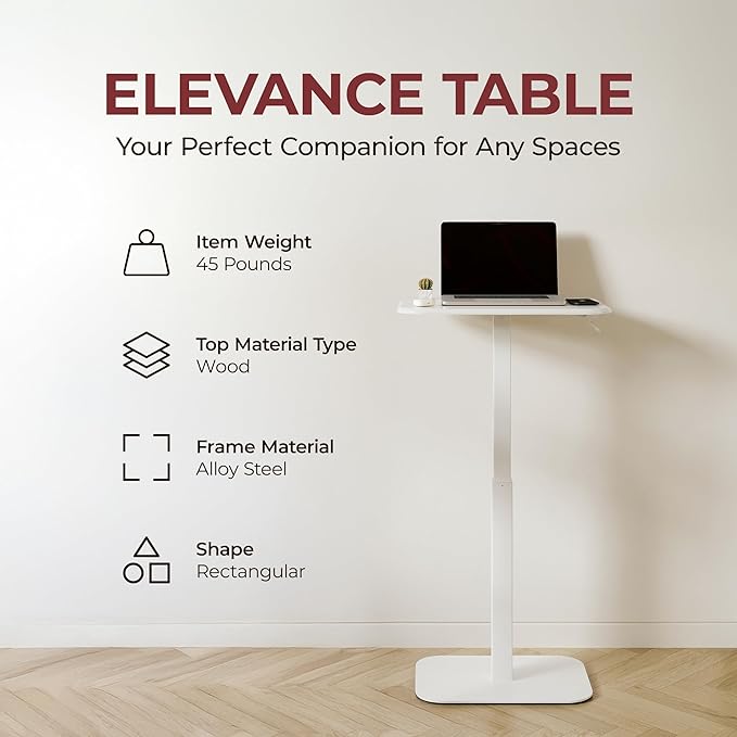 Ergohome™ ELEVANCE Table™ Height Adjustable Minimalist Tables, Laptop Desk, Living Room, Small Side Table, Drink Coffee End Table, Sofa Table, Study and Small Spaces (White Base Cloud White Top)