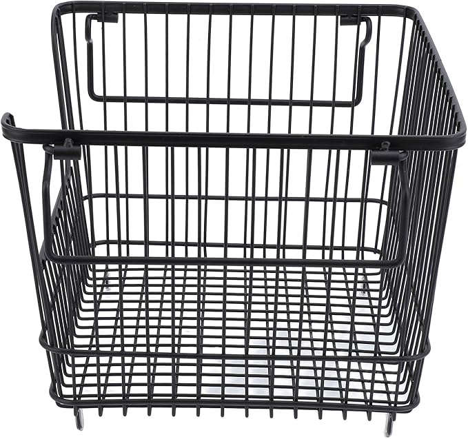 Freezer Organizer Bin, Stackable Wire Basket for Freezer, Heavy Duty Metal Storage Basket with Easy Access Front Opening, for Fruits Meat Vegetables in Kitchen Home Use, Bl