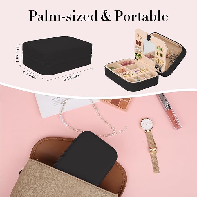 TopPerfekt Travel Jewelry Case, Jewelry Box with Mirror, Jewelry Organizer Bridal Shower Gifts to Her, Earring Storage Travel Case, Trendy Gift for Women and Girls, Girlfriend-pure Black