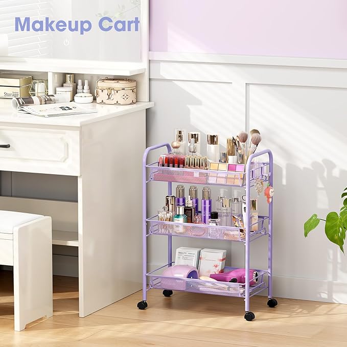 TOOLF 3-Tier Metal Rolling Cart, Mesh Wire Easy Assemble Utility Cart, Storage Trolley on Wheels with 3 Hooks, MetalStorage Shelving Units for Kitchen Bathroom Laundry Room