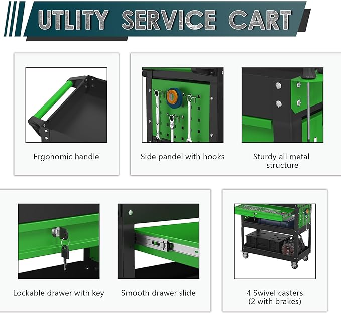3 Tier Rolling Tool Cart on Wheels with Locking Drawer - Metal Service Cart Industrial Utility Cart for Mechanic - 350 LBS Mobile Storage Organizer for Garage (Black-Green)