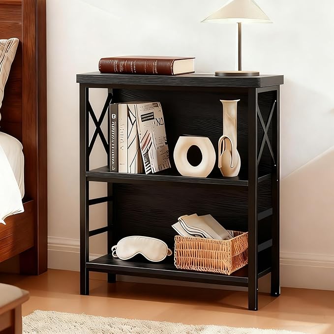 Small Bookshelf,3 Tier Industrial Bookcase with Metal Frame and Backboard,Low Black Book Shelf,Book case for Small Spaces,Living Room,Bedroom and Home Office