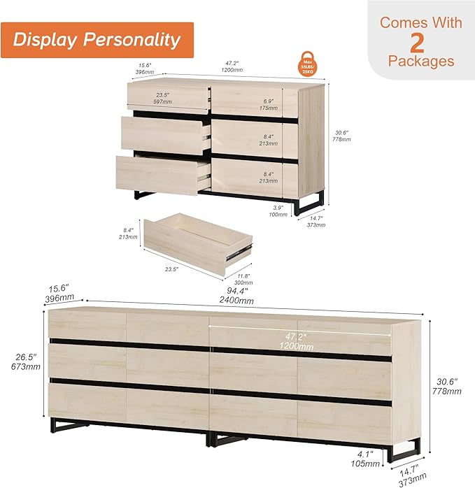 WAMPAT Dresser for Bedroom, Closet Organizers and Storage with 12 Drawers, Chest of Drawers with Metal Base, Modern Wooden Dresser for Living Room, Bedroom, Light Oak
