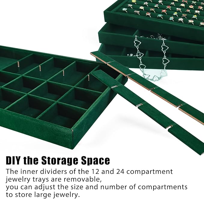 Rocutus Jewelry Trays,3 Pack Stackable Velvet Jewelry Organizer Tray Drawer Jewelry Storage Tray,Divided Ring Organizer Tray for Earrings, Necklaces, Bracelets,13.8"x9.5"x1.2" (Dark Green)