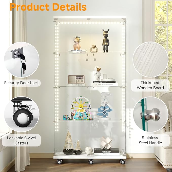 Tempered Glass Display Cabinet with Light Strip, 4-Tier Curio Cabinet with Glass Doors Wheels Locks, Glass Display Case for Collectibles for Living Room, Bedroom, Office, White, Double Door