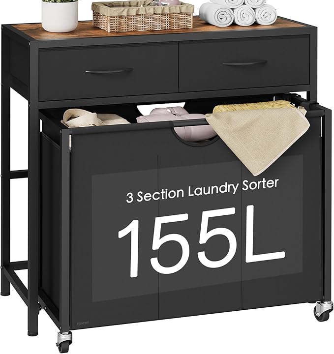 Laundry Sorter, Rolling Laundry Hamper with 3 Section Pull-Out Bags, Laundry Basket Organizer with 2 Drawers, Laundry Hamper with Wheels for Laundry Room Organization, Bathroom, Bedroom