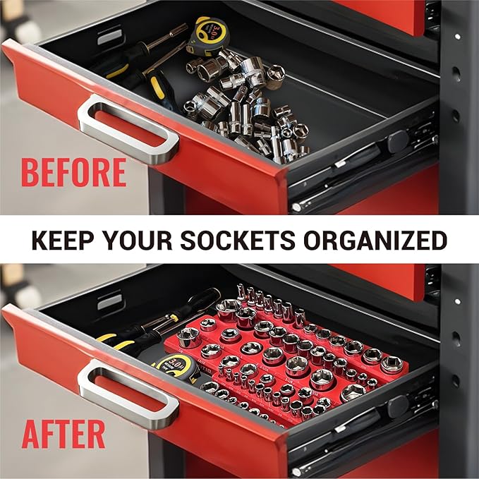 6-Piece Magnetic Socket Organizer Set, Magnetic Socket Holder Includes 1/4", 3/8", 1/2" Drive Metric SAE Socket Trays,Holds Standard and Deep Sockets (6-Piece Magnetic Socket Organizer)
