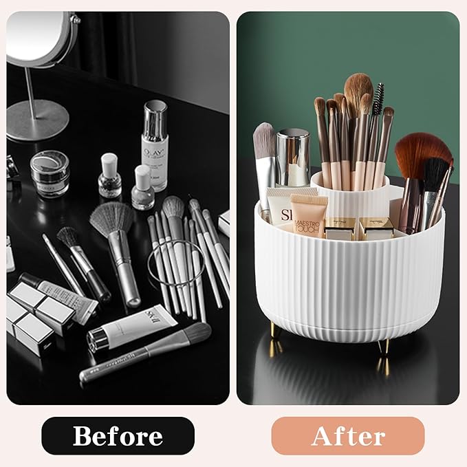 360° Rotating Desktop Women Brush Holder Organizer, Makeup Organizers Countertop,Makeup organization and Skincare Storage for Vanity, Desktop, Bathroom (White-1)