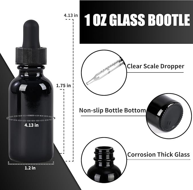 48 Pcs, 1oz Glass Dropper Bottle, Leakproof Tincture Bottles with Dropper, Black Reusable Eye Dropper Bottle for All Kinds of Liquids (Black,1oz-48pcs)