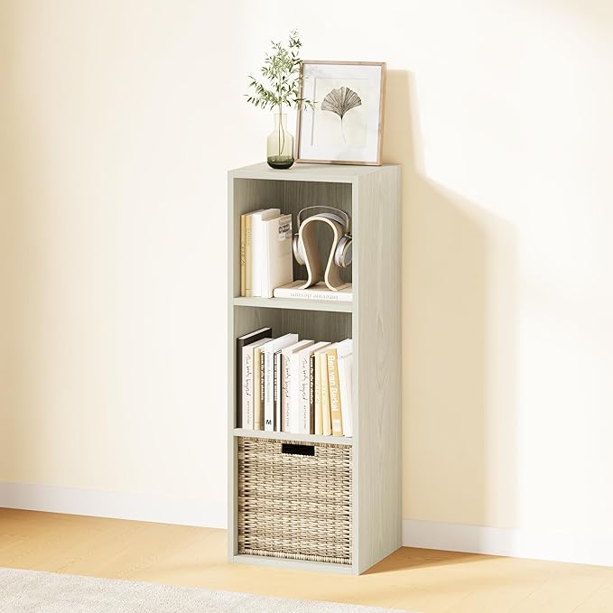 IOTXY DIY Modular Cube Bookcase - CubeXY Customizable Stackable Expandable Basic Shelving Units, 3-Cube Wooden Open Bookshelf for Fabric Storage Bin Organizer, Oak