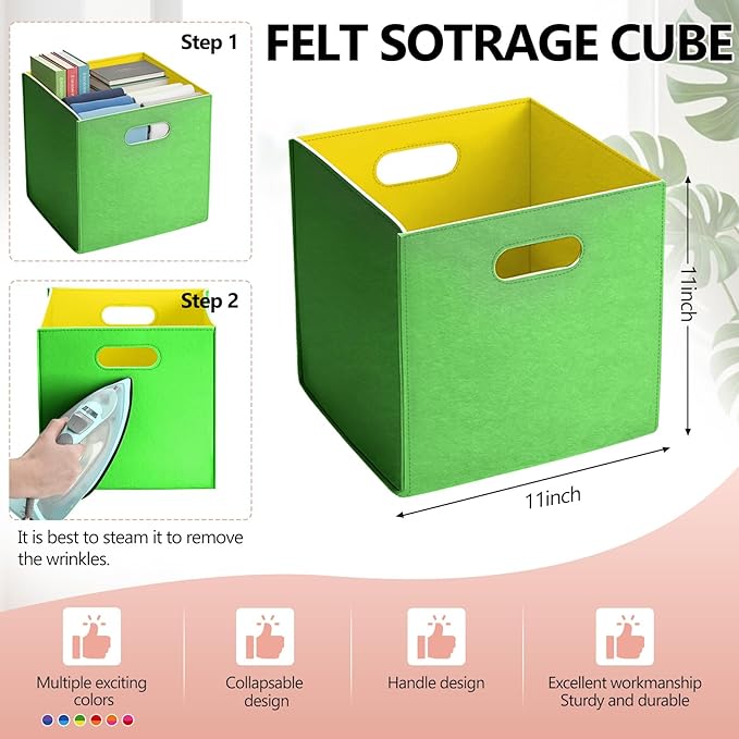 6 Pcs 11 Inch Colorful Felt Storage Cubes with Handle, Collapsible Fabric Storage Cubes Toy Bins Foldable Baskets for Nursery, Playroom, Kids Room, Toys, Books, Clothes(Rainbow)