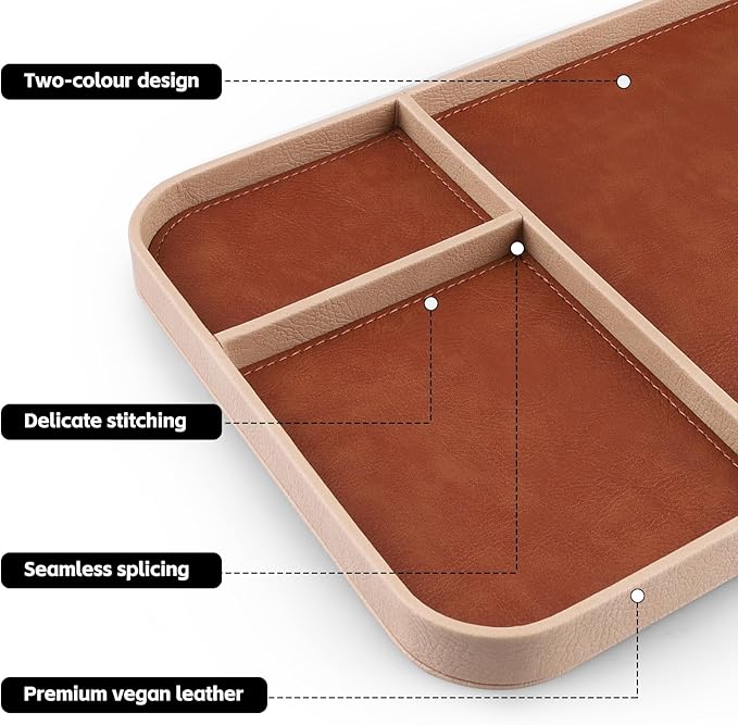 SENEN Leather Tray, Stylish and Organized Multifunctional Tray, for Table Entryway, Premium PU Leather, Catchall Tray for Keys, Watch, Wallet, Jewelry, and More (Beige Frame)
