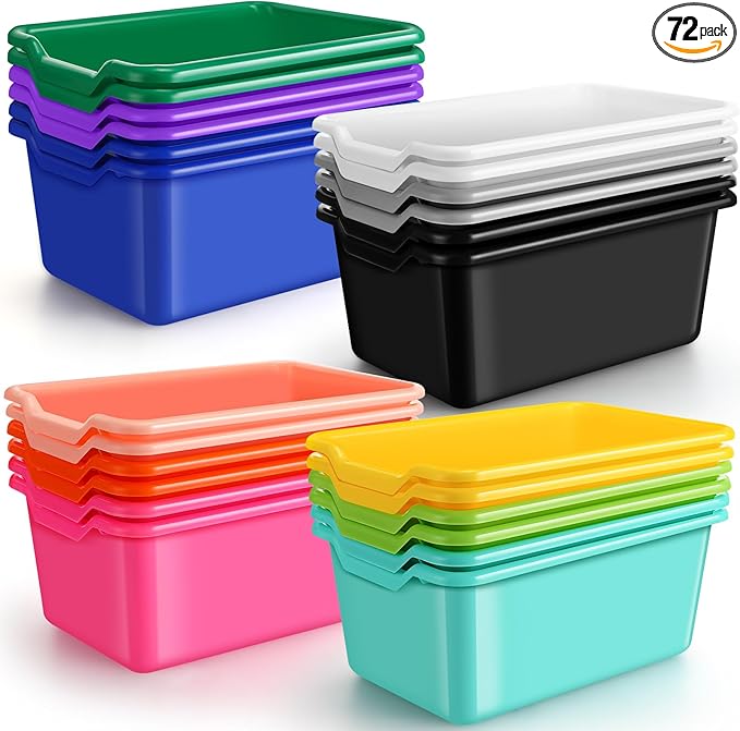 Dandat 72 Pcs Book Bins for Classroom Plastic Cubby Bins Bulk Classroom Storage Baskets Stackable Assorted Colors Toy Storage Containers for Library Home Office School Nursery Playroom