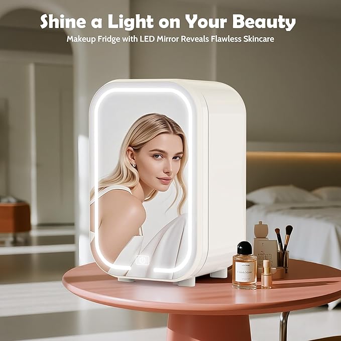 22L Mini Skincare Fridge with Mirror, Beauty Fridge for Cosmetic Storage, 44°F Intelligent Temperature Control, Personal Small Makeup Refrigerator for Bedroom, Dorm