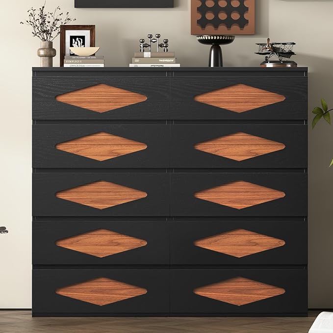 Tall Dresser for Bedroom, 5 Chest of Wooden Drawers, Vintage Dresser, Closet Storage Dressers Organizer for Bedroom, Living Room, Hallway (Black+Brown)