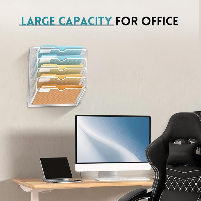 SUPEASY 5-Tier Wall File Organizer Mesh Office Mail Holder, Hanging Wall Organizer Magazine Rack for Office White