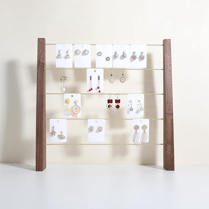 GemeShou 5 Tiers Walnut Earring display stands for selling, Wooden Jewelry Shelf, Earring Storage Organizer, Brass earring holders with 30 PVC cards for stud Dangle Hoop【Walnut 5-Tier】