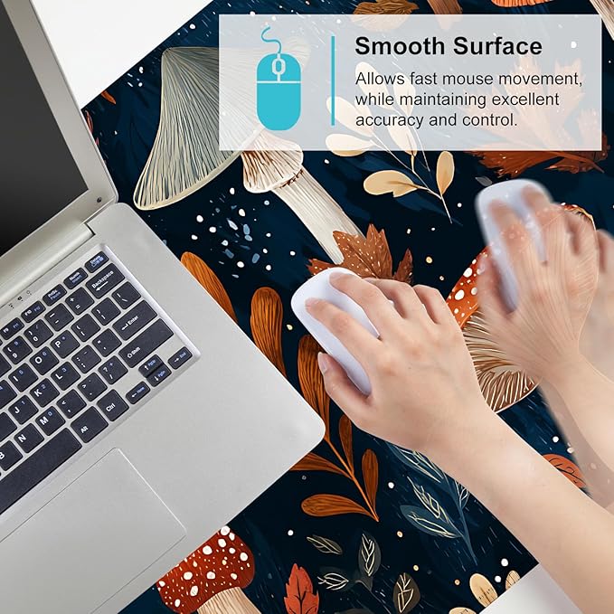 Mushroom Forest Mouse Pad – Large Extended Desk Mat 35.43 x 15.75 in – Autumn Woodland Fungi Illustration, Waterproof Surface, Non-Slip Rubber Base, Keyboard & Mouse Pad for Nature Lovers