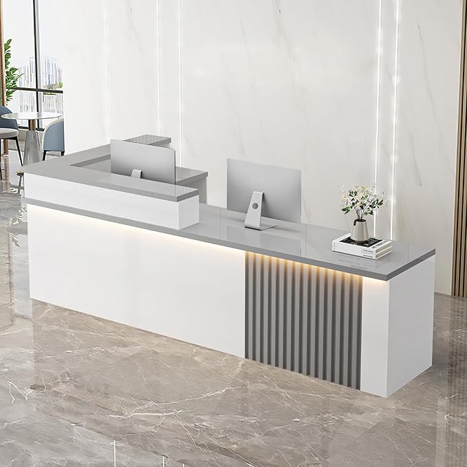 Receptionist Desk with LED Light，Wooden Salon Checkout Counter with Storage Drawer & Keyboard Tray Modern L-Shaped Reception Desk for Barbershop Office Company Store
