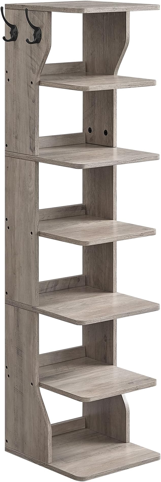 VASAGLE 7-Tier Vertical Shoe Rack, Narrow Shoe Storage Organizer with Hooks, Slim Corner Tower Shelf, Space-Saving for Entryway and Bedroom, Heather Greige ULBS200L01