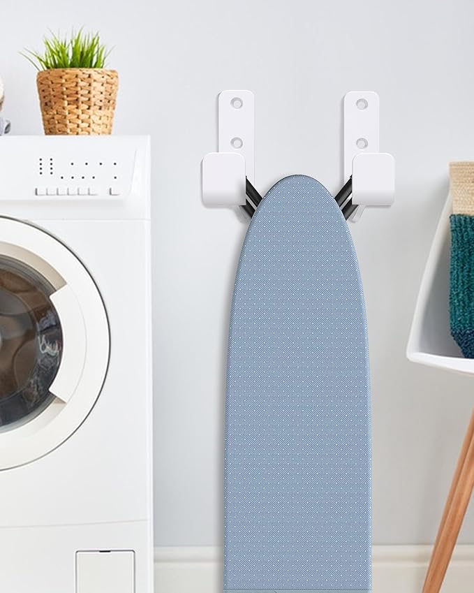 2PCS Ironing Board Holder Wall Mount White, Stainless Steel Ironing Board Hanger for Laundry Room, Adjustable Distance Holder Hook