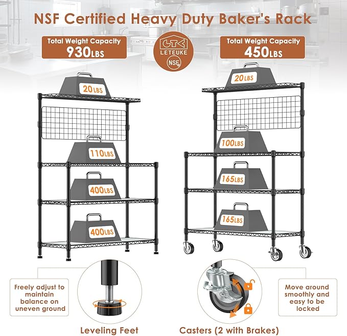 Leteuke Bakers Rack with Storage & Wheels, 42 Inch Microwave Stand Kitchen Shelves, 4-Tier Heavy Duty Storage Rack with 20 S-Hooks, Commercial Metal Utility Kitchen Cart, 42× 18× 63 Inch, Black