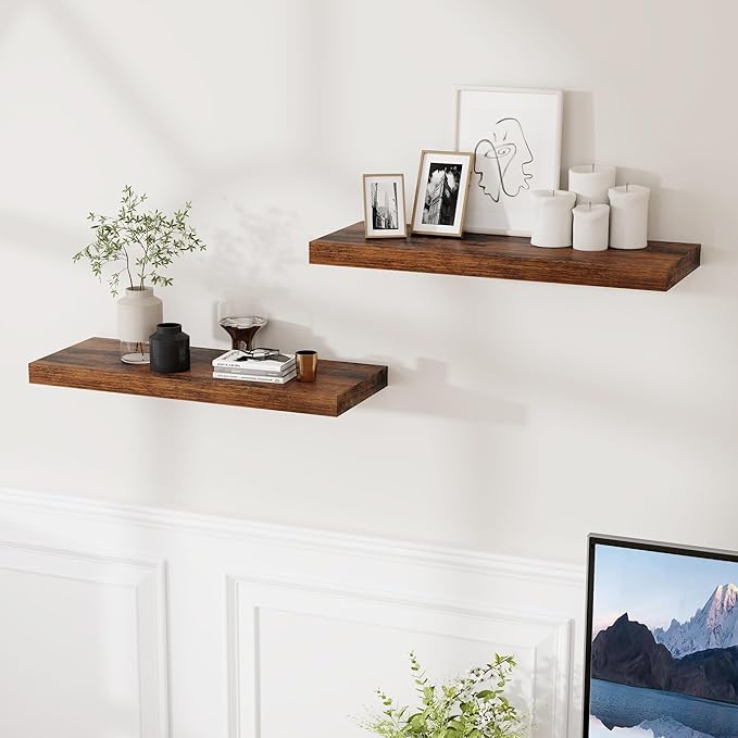 24 Inch Floating Shelves for Wall 2 Pack for Bedroom|Kitchen|Bathroom, Wall Mounted Rustic Wood Shelves, 9.3 Inch deep Floating Shelf with Invisible Brackets for Books|Storage|Decor,Rustic Brown