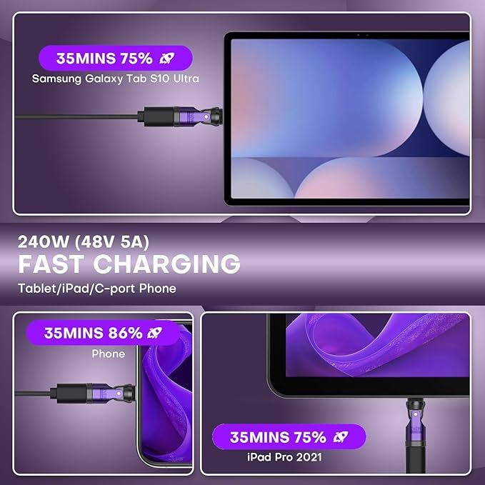 USB C Magnetic Adapter 240W, Can Be Type-C Cord Into Right Angle Magnetic USB C Charging Cable, Magnet Charger USBC 90 Degree Adapter 180 OTG Tips for iPhone 17/16/15 Tablet(4 Pack Purple)