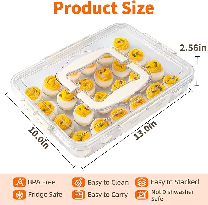 2 Pack Deviled Egg Containers with Lid and Handle, Durable Clear Plastic Deviled Egg Carrier Storage 48 Eggs, Stackable Egg Holder for Fridge, Portable Tray Platter for Party & Picnics-White