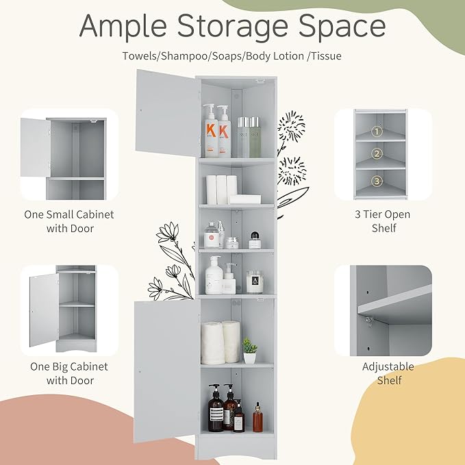 66.9" Tall Corner Bathroom Cabinet with Doors, Freestanding Triangle Storage Cabinet with Adjustable Shelves & Open Shelf, Water-Resistant MDF, Space-Saving Organizer with Anti-Tip Device, Grey