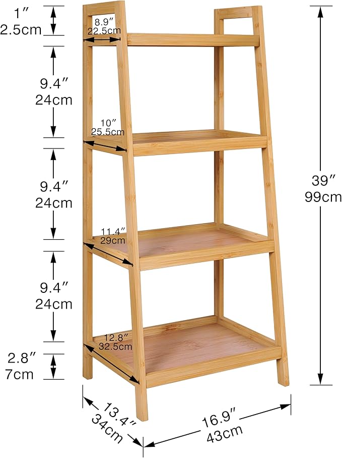SMIBUY Bamboo Ladder Bookcase, Bathroom Storage Rack Organizer, 4 Tier and 5 Tier Freestanding Plant Display Stand Space Saver Shelves for Bedroom, Kitchen, Balcony (Natural, 4 Tiers (39" H))