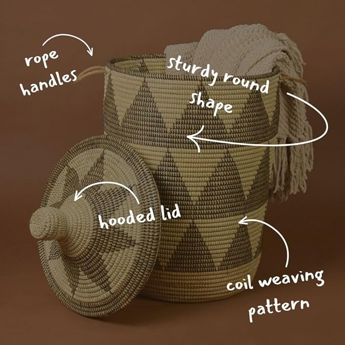 Tall Large Decorative Wicker Storage Basket with Lid, Laundry Hamper, Blanket Storage, Toys Bin, Clothes Holder, Boho Style (Black Beige)