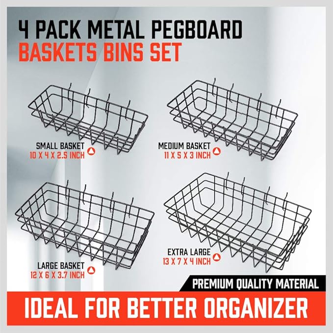 HORUSDY Peg Board Bins and Baskets | 4 Pack | Square Style 4 Size Pegboard Baskets and Pegboard Bins for Organize Workbenches, Accessories