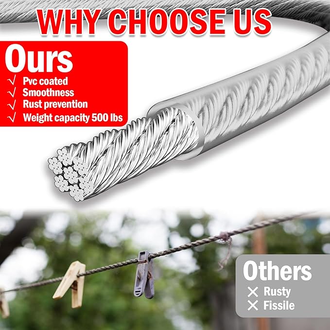 40ft Clothes Line Outdoors 3/16" Wire Ropes Silver PVC Coating Laundry Drying Clothesline Retractor with Metal Hooks Heavy Duty for Umbrella Travel Outside Camping Backyard