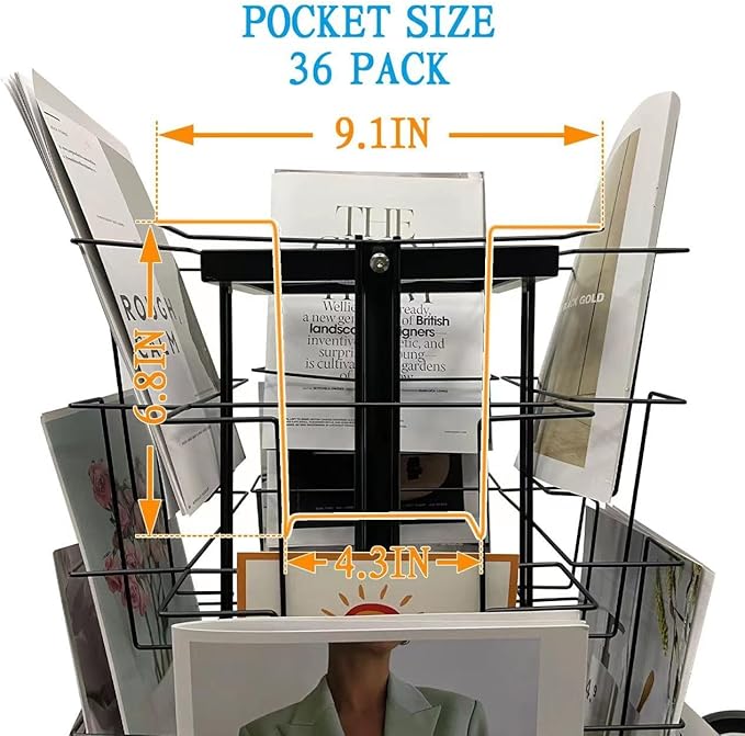 TONGMO 36-Pocket Rotating Magazine Rack Stand, Floor Spinner Display for Magazines, Comic Books, Brochures, A4 Organizer for Office, Bookstore, Home, Reception