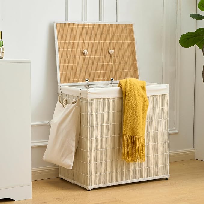 Laundry Hamper with Lid, 39.6 Gallon(150L) Large Laundry Basket 2 Removable Liner Bags, Synthetic Rattan Clothes Hamper with Side Pocket, laundry organization for bathroom, laundry room, White