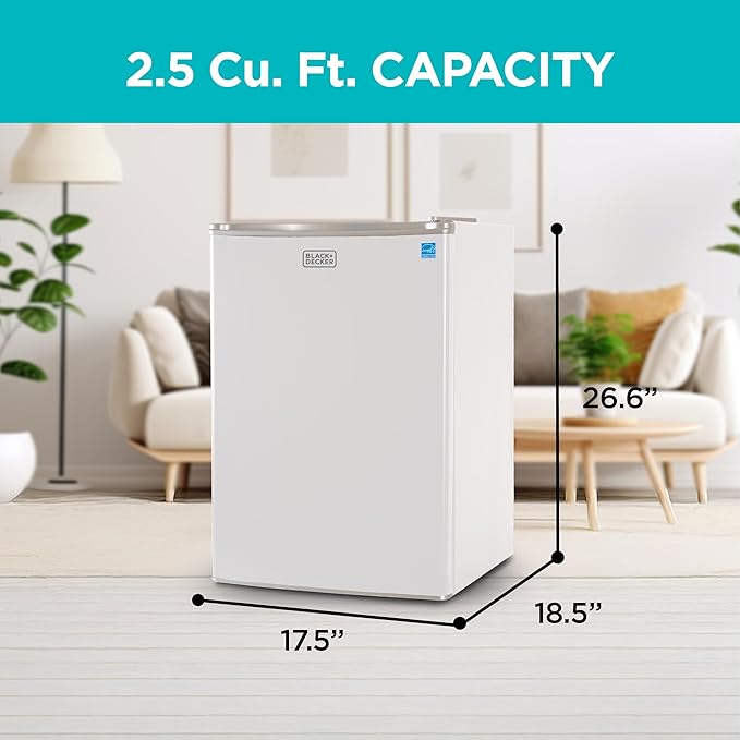 BLACK+DECKER 2.5 Cu. Ft. Compact Refrigerator, ENERGY STAR Certified, Single Door Mini Fridge with Chiller Compartment, Personal Fridge for Home or Dorm Room, R600a Refrigerant, BCRK25W, White