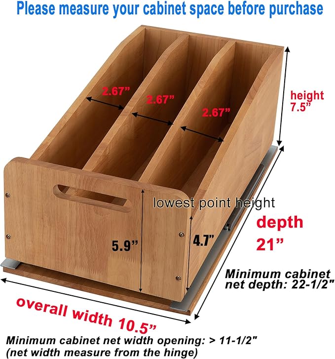 DINDON Pull Out Cabinet Organizer for Pans, Cookie Sheet, Bakeware, Cutting Board, Slide Out Kitchen Cabinet Storage Organizer Rack, 10.5''W X 21"D X 7.5"H, Wood