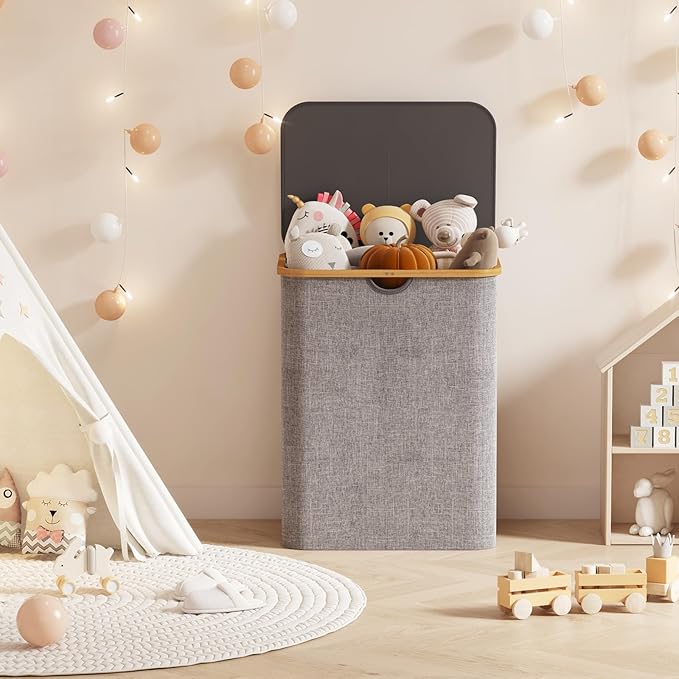 Lifewit 120L Large Laundry Hamper with Lid, Foldable 2 Section Laundry Basket with Bamboo Handles and Removable Bags for Laundry Room, Bathroom, Bedroom, Light Gray